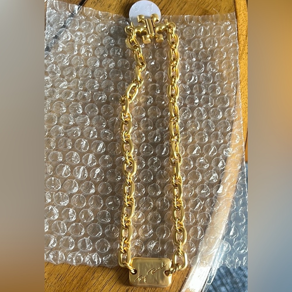 Tory Burch Gold Link Chain Necklace with Logo Plate